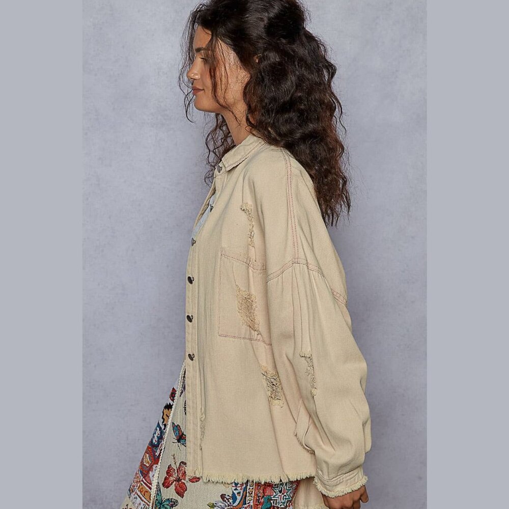 NWT POL Distressed Shacket Button Down Oversized Pink Beige Fringe Hem - Picture 2 of 6